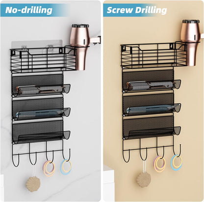 VITVITI Metal Hair Tool Organizer Wall Mount, Hair Dryer Holder with 4 Tier Shelf Basket Hooks