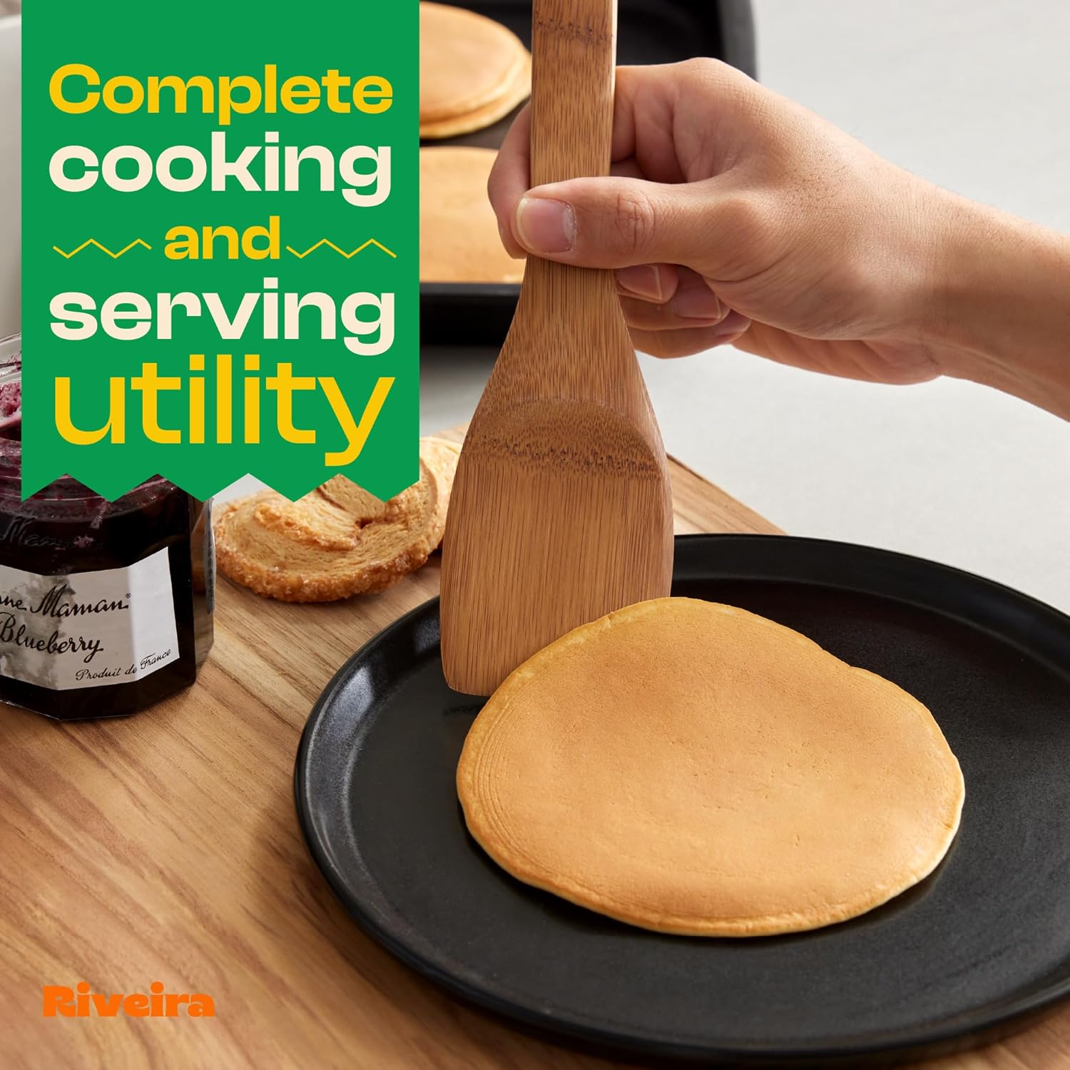 Riveira Dark Bamboo Wooden Spoons for Cooking 3-Piece, Apartment Essentials Wood Spatula Spoon