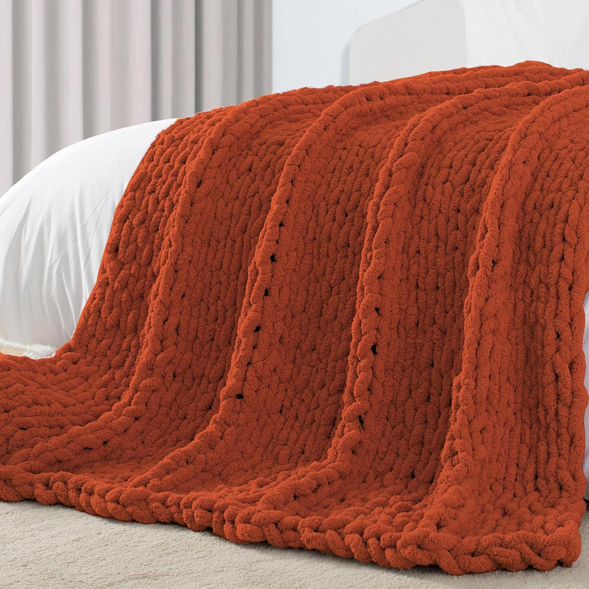 Carriediosa Chunky Knit Throw Blanket 60" X 80" Twin, 100% Hand Made Large Chenille Loop Yarn Soft