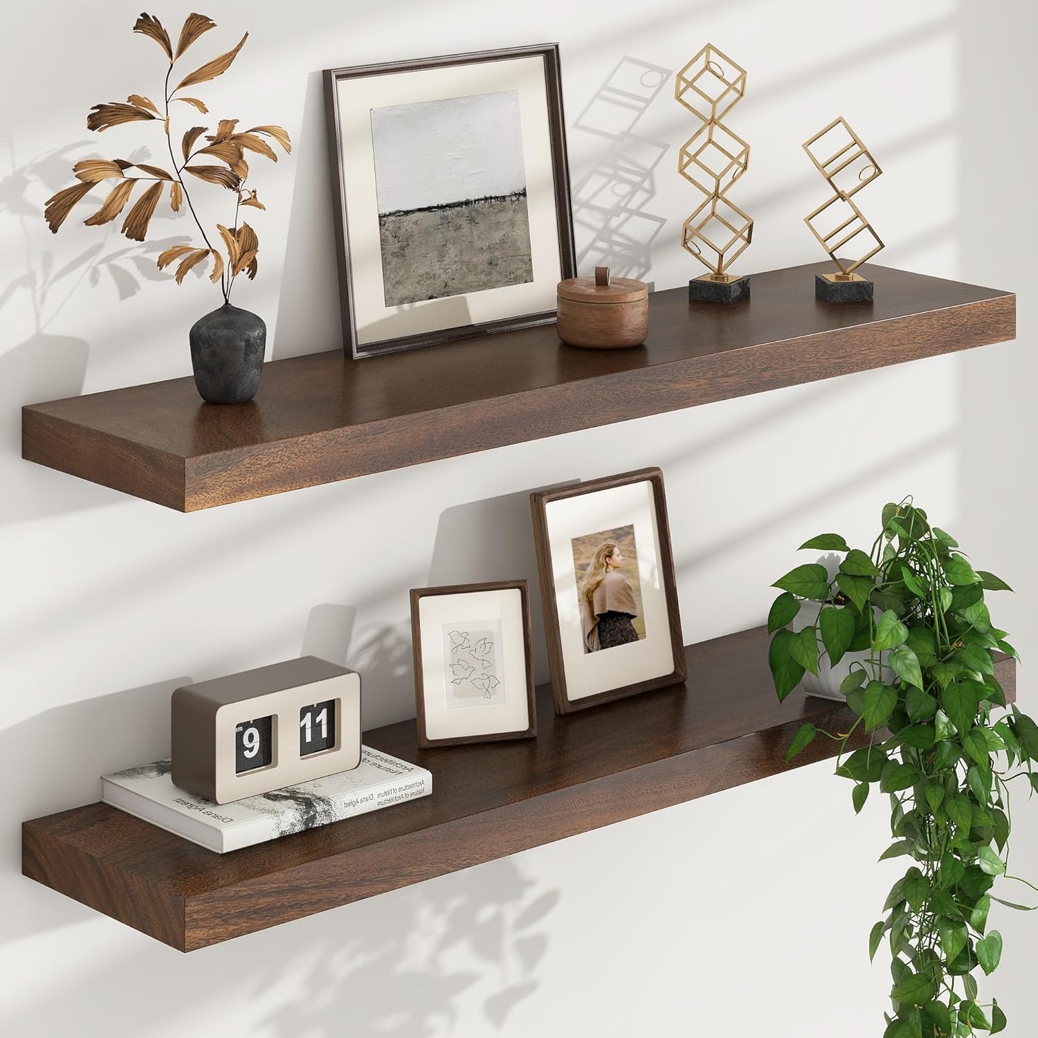 Floating Shelves for Wall, USA-Sourced Walnut Wood 36 Inch Long Wall Shelves Set of 2, Natural