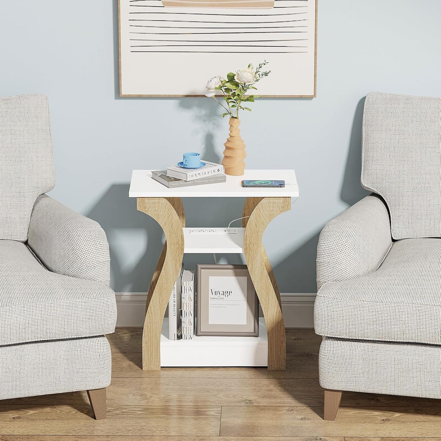 End Table with Charging Station, Side Table with USB Ports and Outlets, Nightstand, 3 Tier End