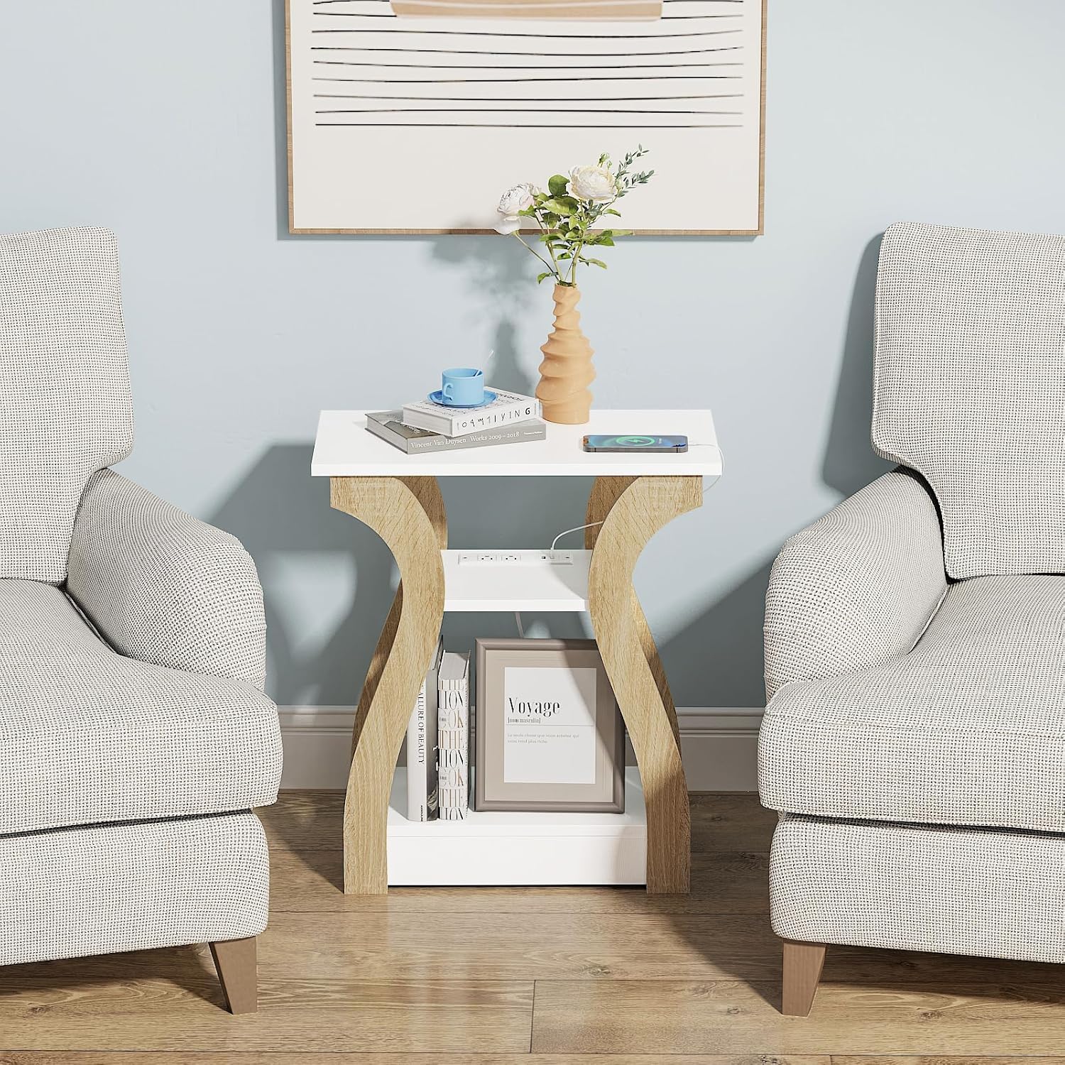 End Table with Charging Station, Side Table with USB Ports and Outlets, Nightstand, 3 Tier End