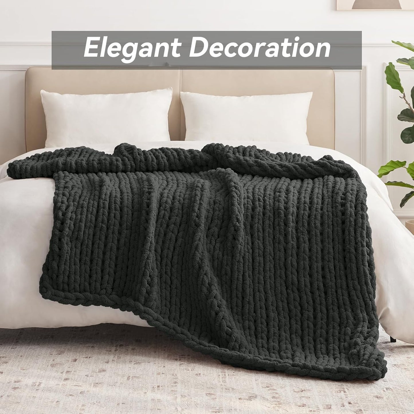 Chunky Knit Throw Blanket, 60''*80'' Knitted Throw Chenille Yarn for Bed Couch, Handmade Dark Grey