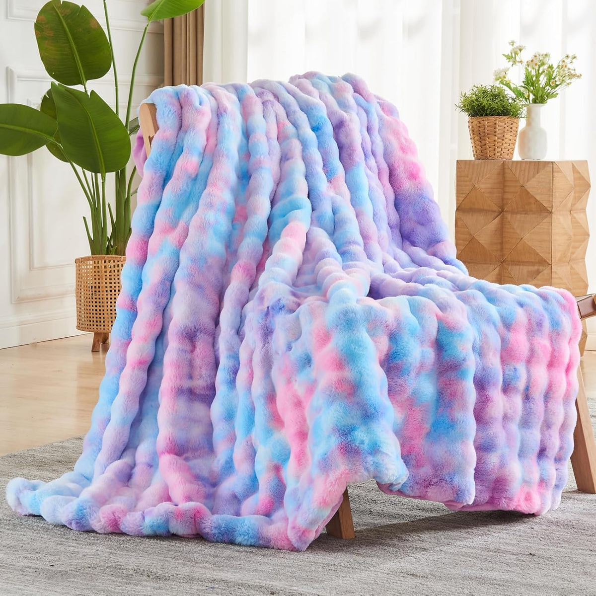 NEWCOSPLAY Faux Fur Twin Blanket Purple Rainbow Luxury Fluffy Thick Warm Bubble Blanket for Couch
