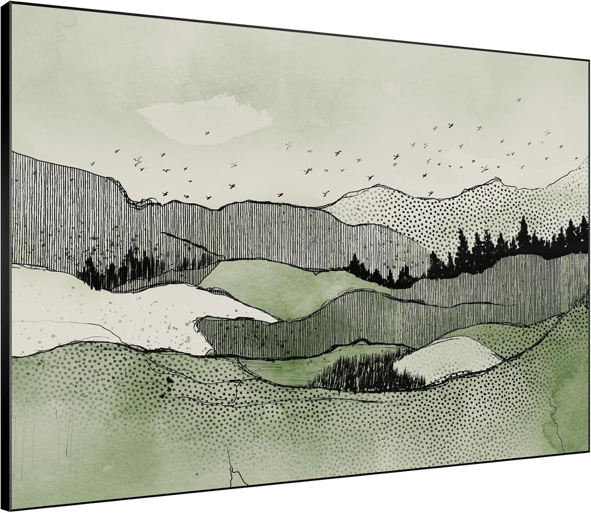 SIGNWIN 60"x72" Extra Large Framed Wall Art Green Line Art Mountain Landscape Illustration for Home