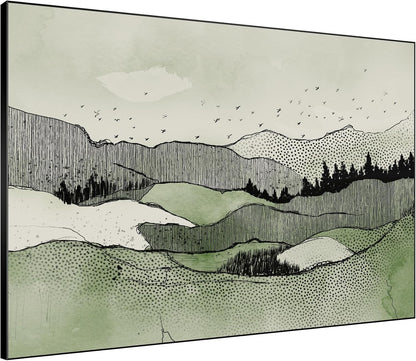 SIGNWIN 60"x72" Extra Large Framed Wall Art Green Line Art Mountain Landscape Illustration for Home