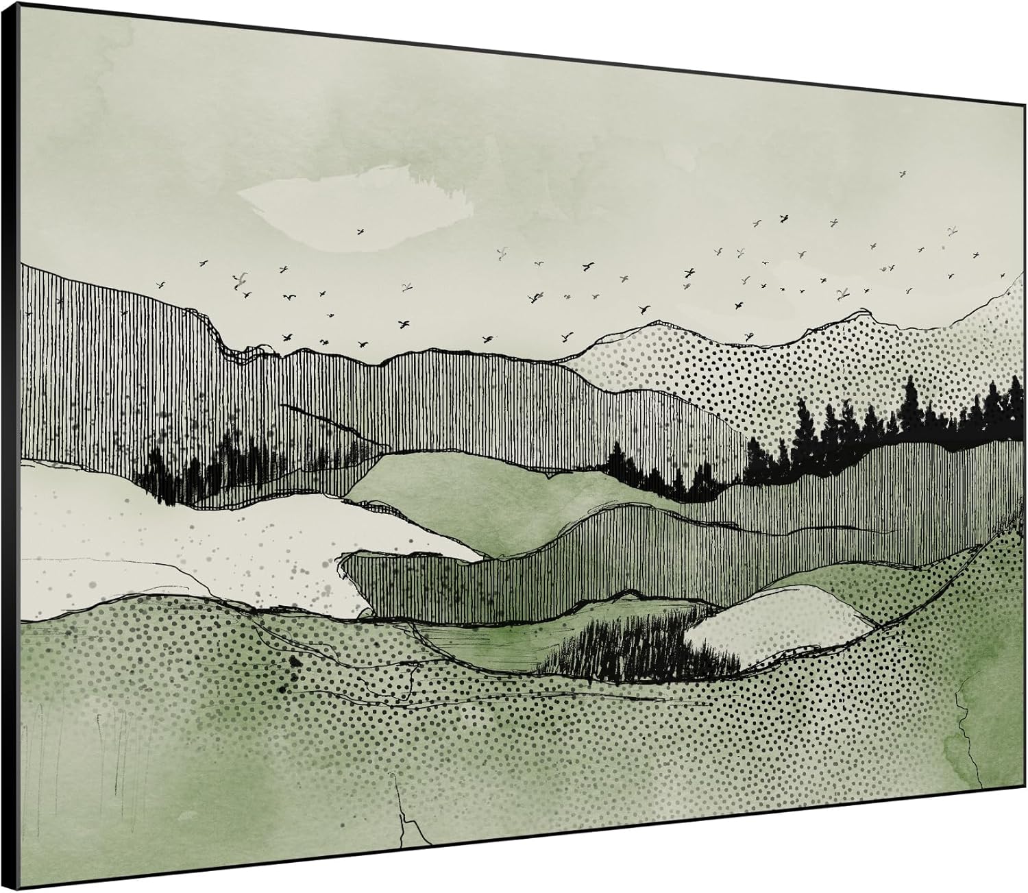 SIGNWIN 46"x60" Extra Large Framed Wall Art Green Line Art Mountain Landscape Illustration for Home