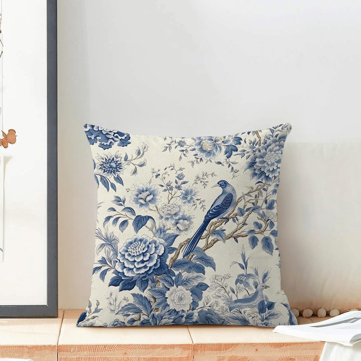 CXMEIFLY Spring Floral Pillow Covers 18 x 18 Inch Set of 2 for Chinoiserie Flowers Bird Decor Throw