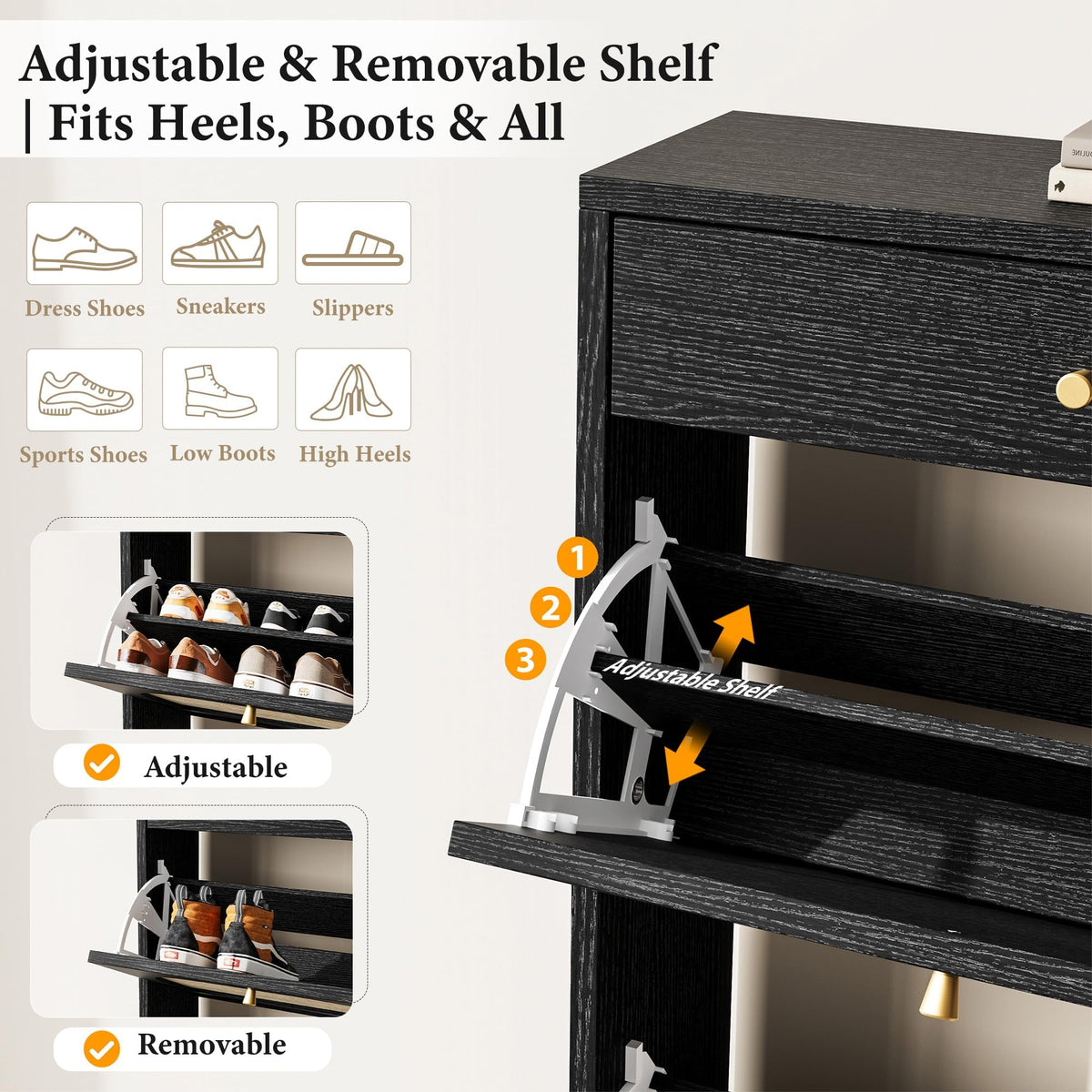 Nicetree Shoe Cabinet for Entryway, Slim Shoe Rack with 2 Flip Drawers and Top Storage Drawer