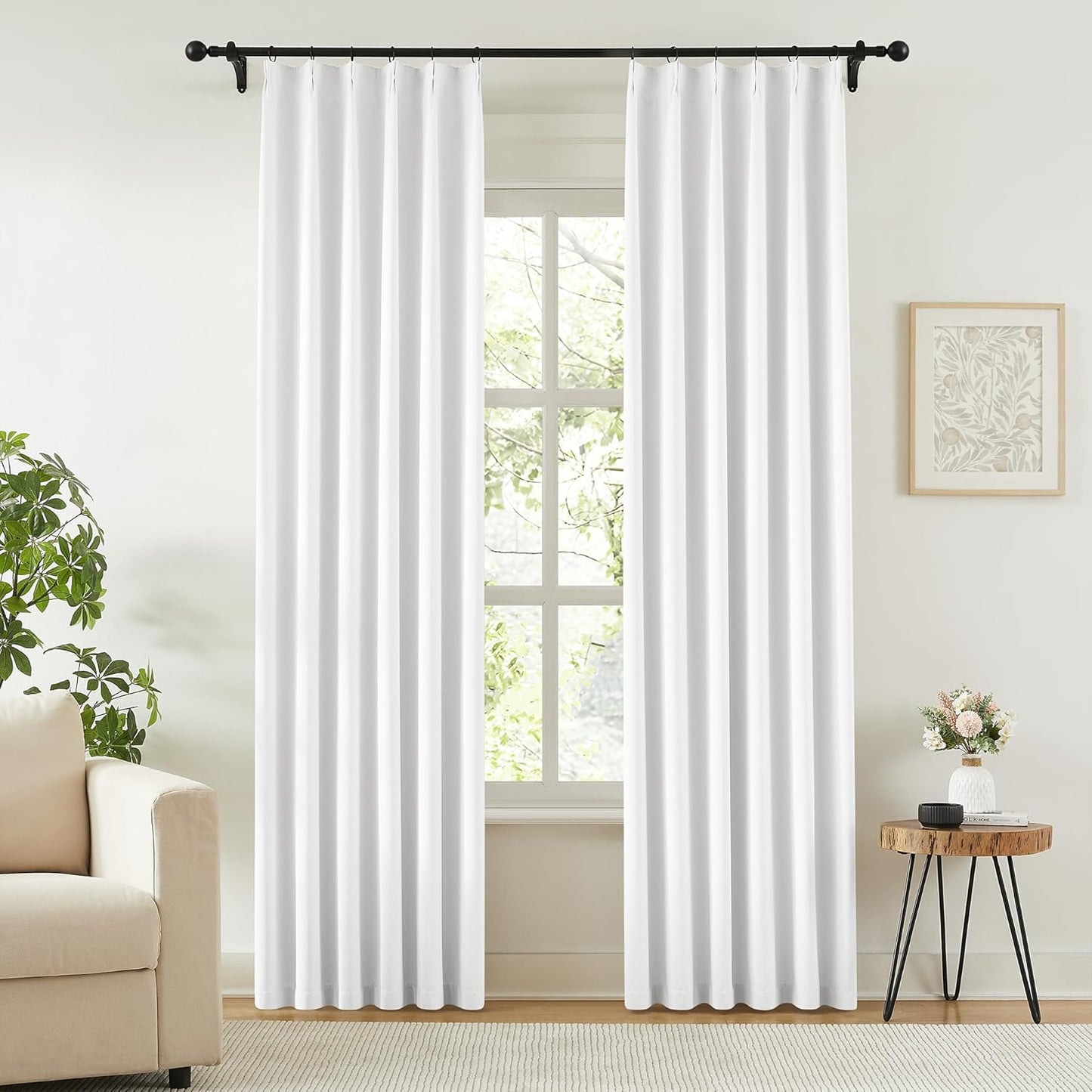 KangBang Pure White 90 Inch Bedroom Curtains-Pinch Pleated Room Darkening Neutral Drapes for