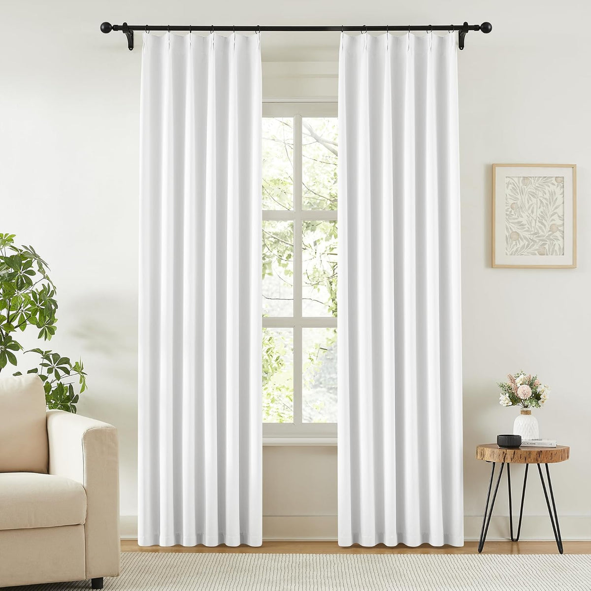 KangBang Pure White 90 Inch Bedroom Curtains-Pinch Pleated Room Darkening Neutral Drapes for