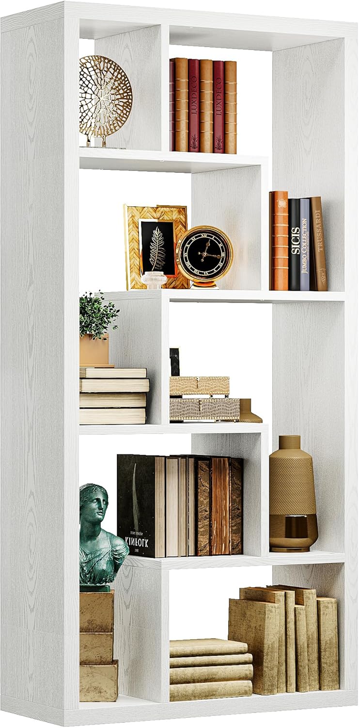 IRONCK Geometric Bookcase 6-Shelf Industrial Bookshelf White Etagere Bookcase Tall Storage Display