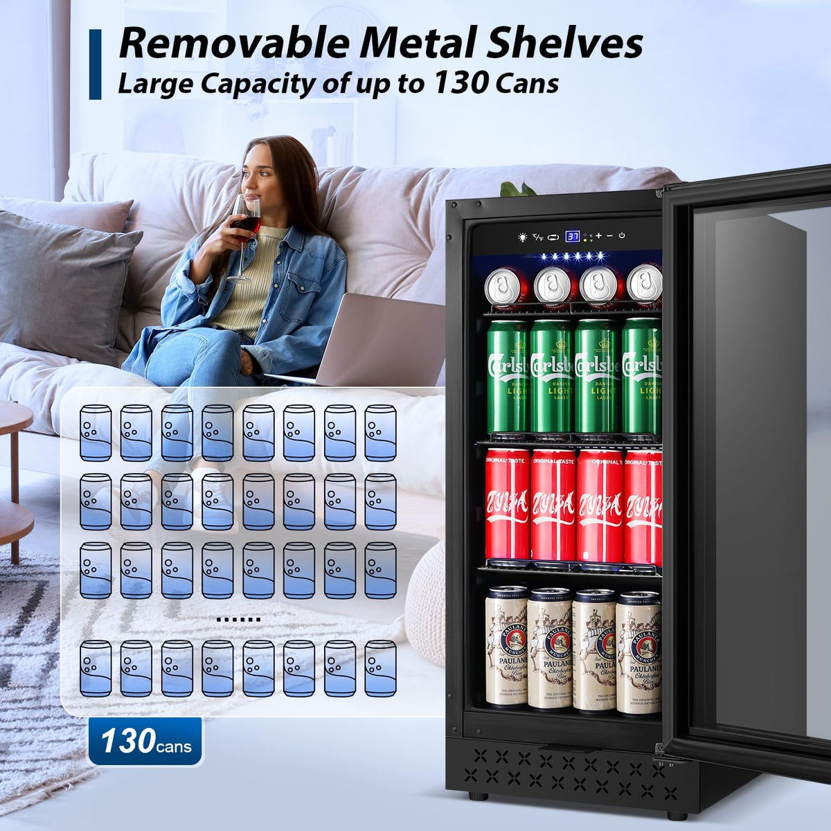Tylza 15 Inch Beverage Refrigerator, Under Counter/Freestanding Drink Fridge, 130 Cans Beverage