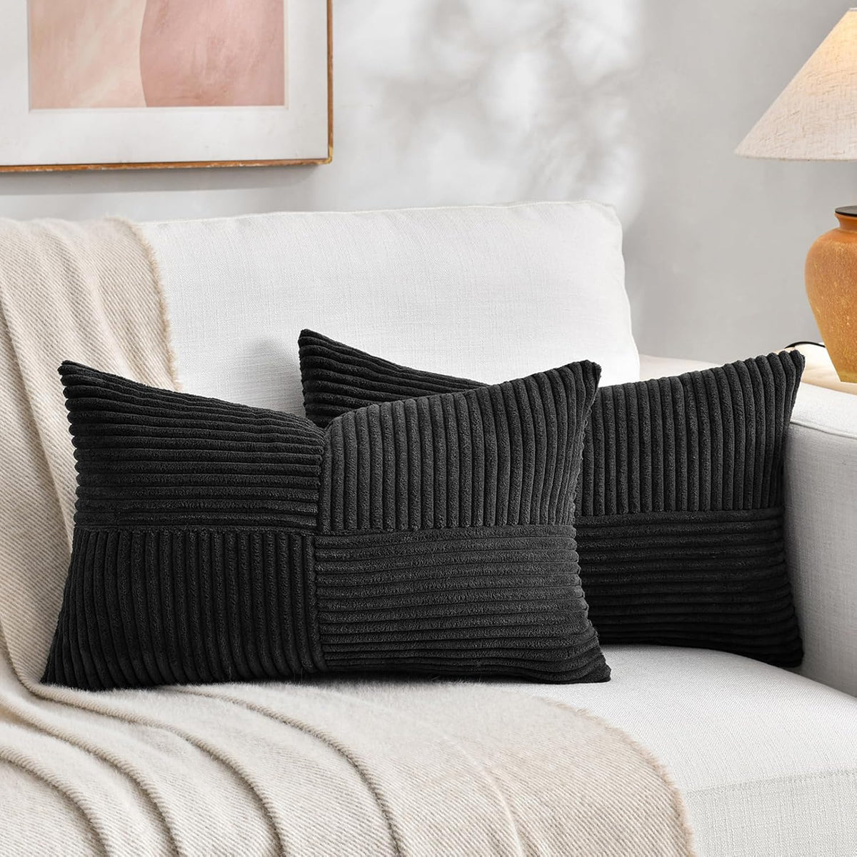 Fancy Homi 2 Packs Black Long Lumbar Decorative Throw Pillow Covers 16x24 Inch for Couch Bed Sofa