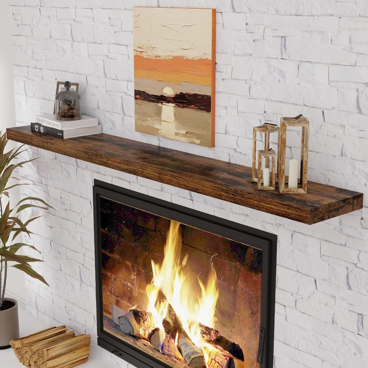 72 Inch Floating Shelves, 72 x 9 Rustic Wooden Fireplace Mantel, 9 Inch Floating Shelf for Wall
