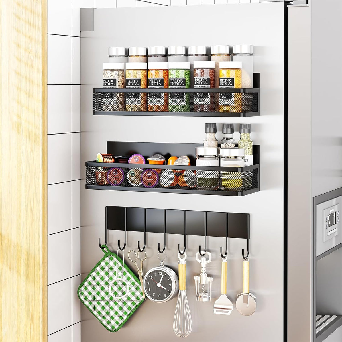 Magnetic Spice Rack for Refrigerator, 3 Pack Magnetic Shelf, Moveable Fridge Organizer with 8-Hook