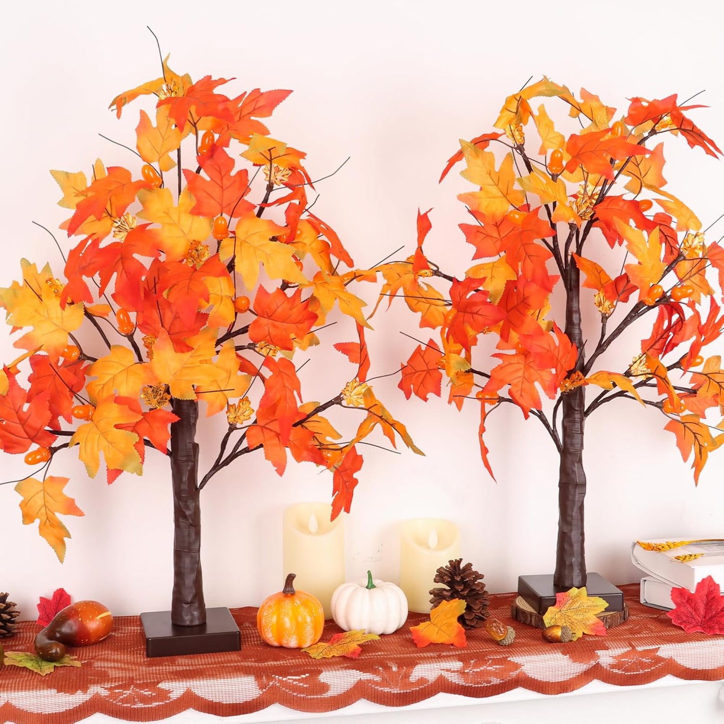2 Pack 24 Inch Prelit Fall Maple Tree Fall Decor with 48 LEDs Timer Battery Operated Artificial