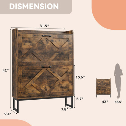 Nicetree Shoe Storage Cabinet with 2 Flip Drawers, Freestanding Wood Shoe Organizer with Metal