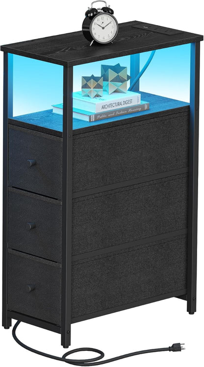 TUTOTAK Narrow LED Night Stand with Charging Station, Slim End Table with Plugins, Tall Side Table