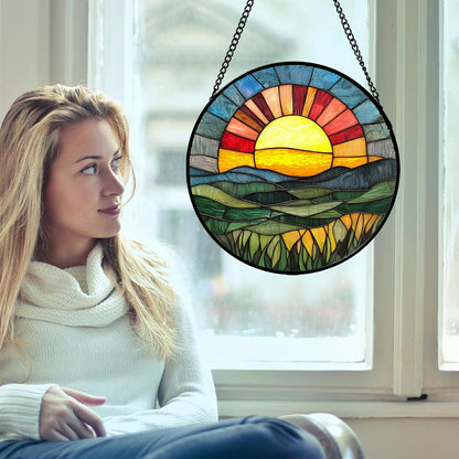 Stained Glass Window Hanging, Golden Red Sun Green Mountain Suncatcher for Window Home Decor Nature