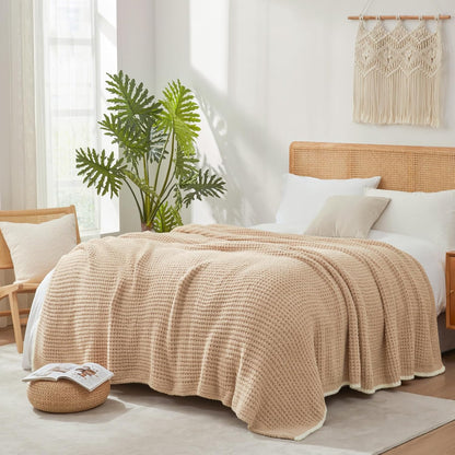 Snuggle Sac Beige Waffle Bedding Blankets Queen Size 90x90 inches, Reversible Microfiber Fluffy