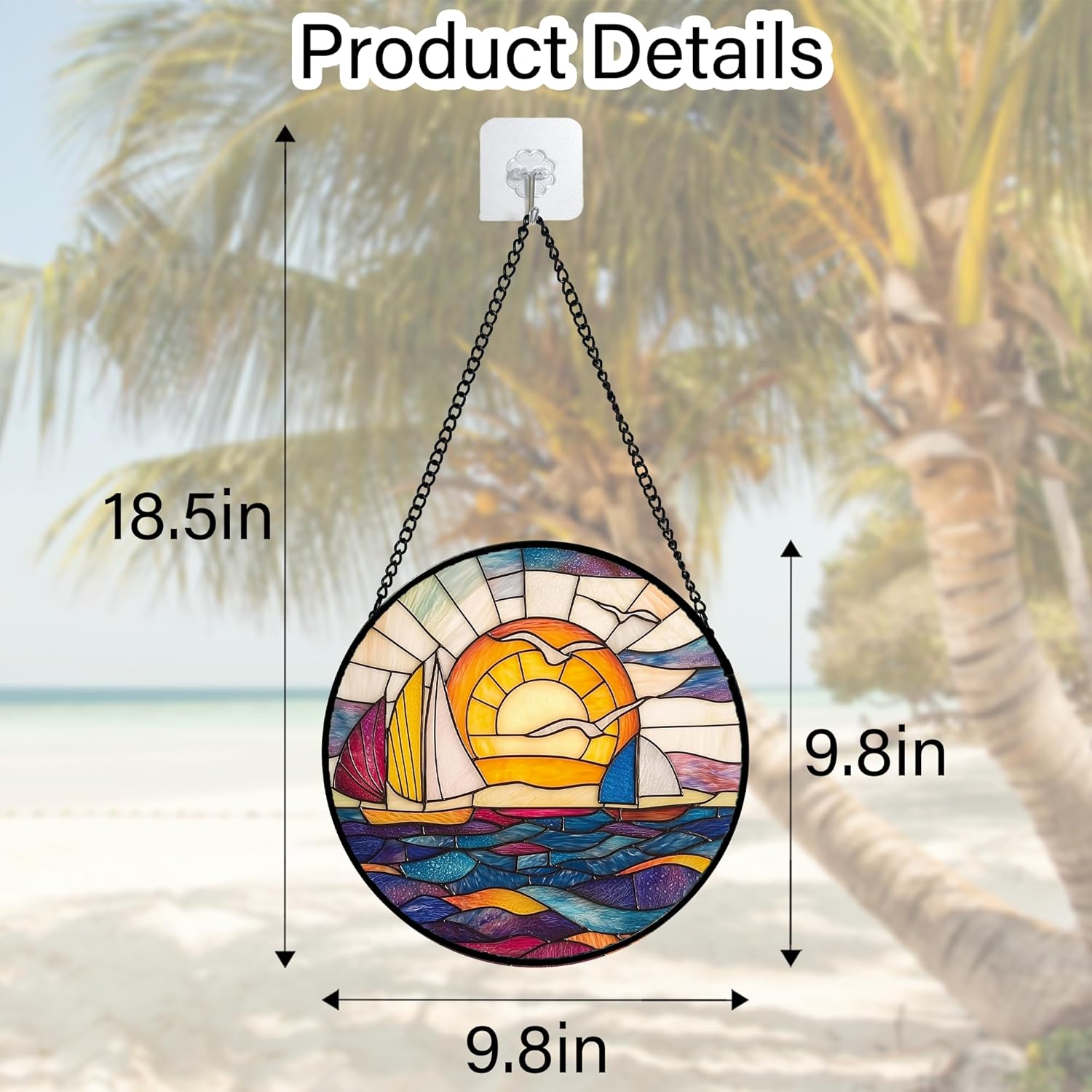 Stained Glass Window Hanging, Sailboat and Waves Suncatcher Diamond Glass Panel Hangings Sun