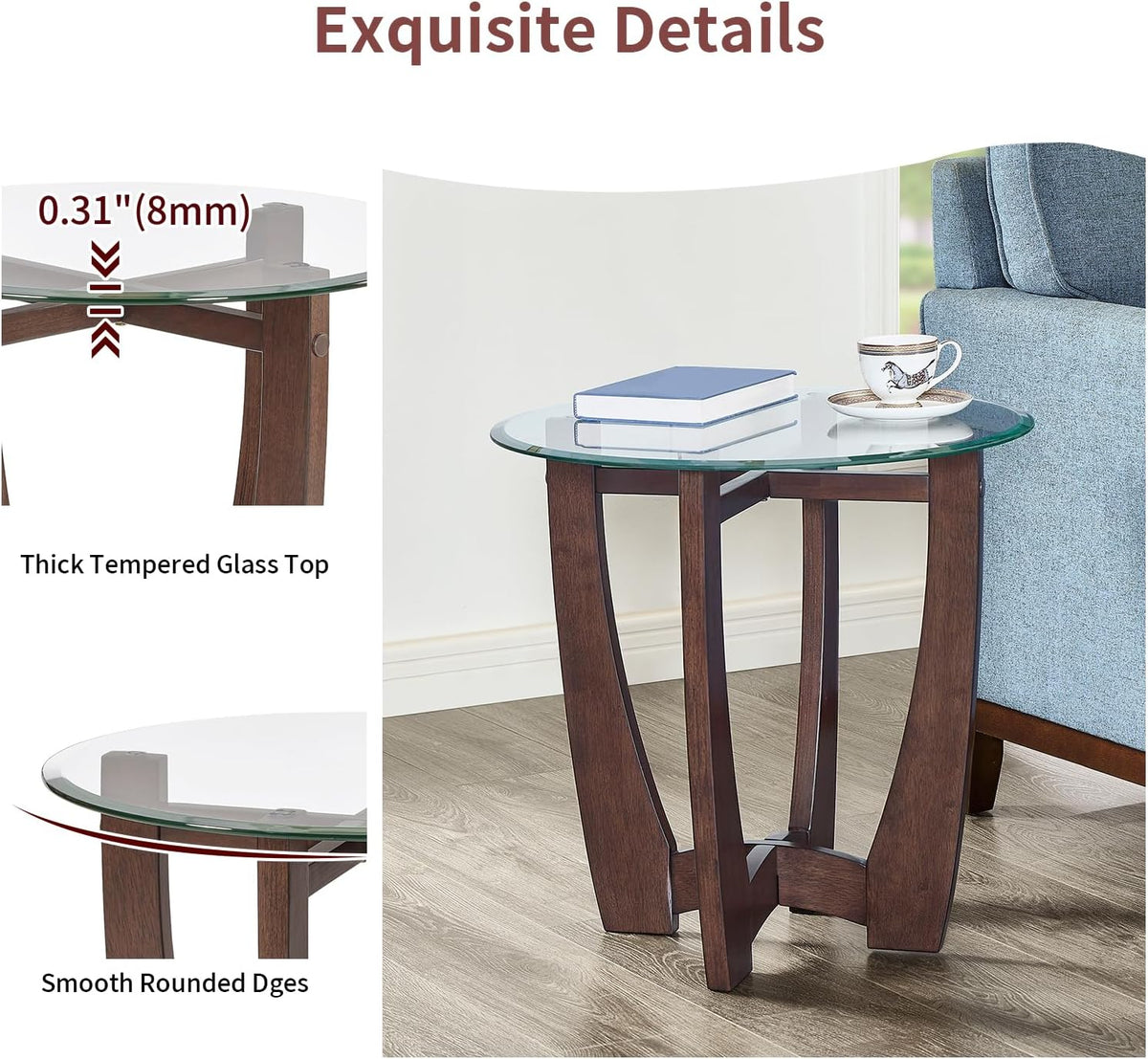 Glass End Table, 23.5" Round Side Tables with Tempered Glass Top Cross and Solid Wood Base Small