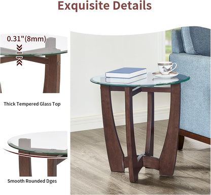 Glass End Table, 23.5" Round Side Tables with Tempered Glass Top Cross and Solid Wood Base Small