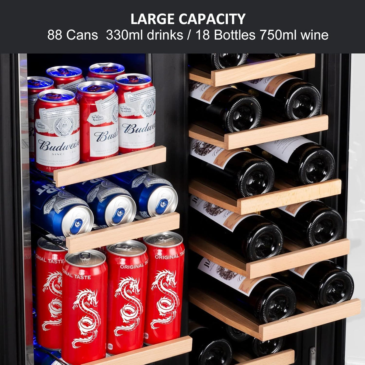 Wine and Beverage Refrigerator, 24 Inch Dual Zone Fridge with Glass Door, Built-In Cooler with