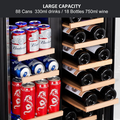 Wine and Beverage Refrigerator, 24 Inch Dual Zone Fridge with Glass Door, Built-In Cooler with