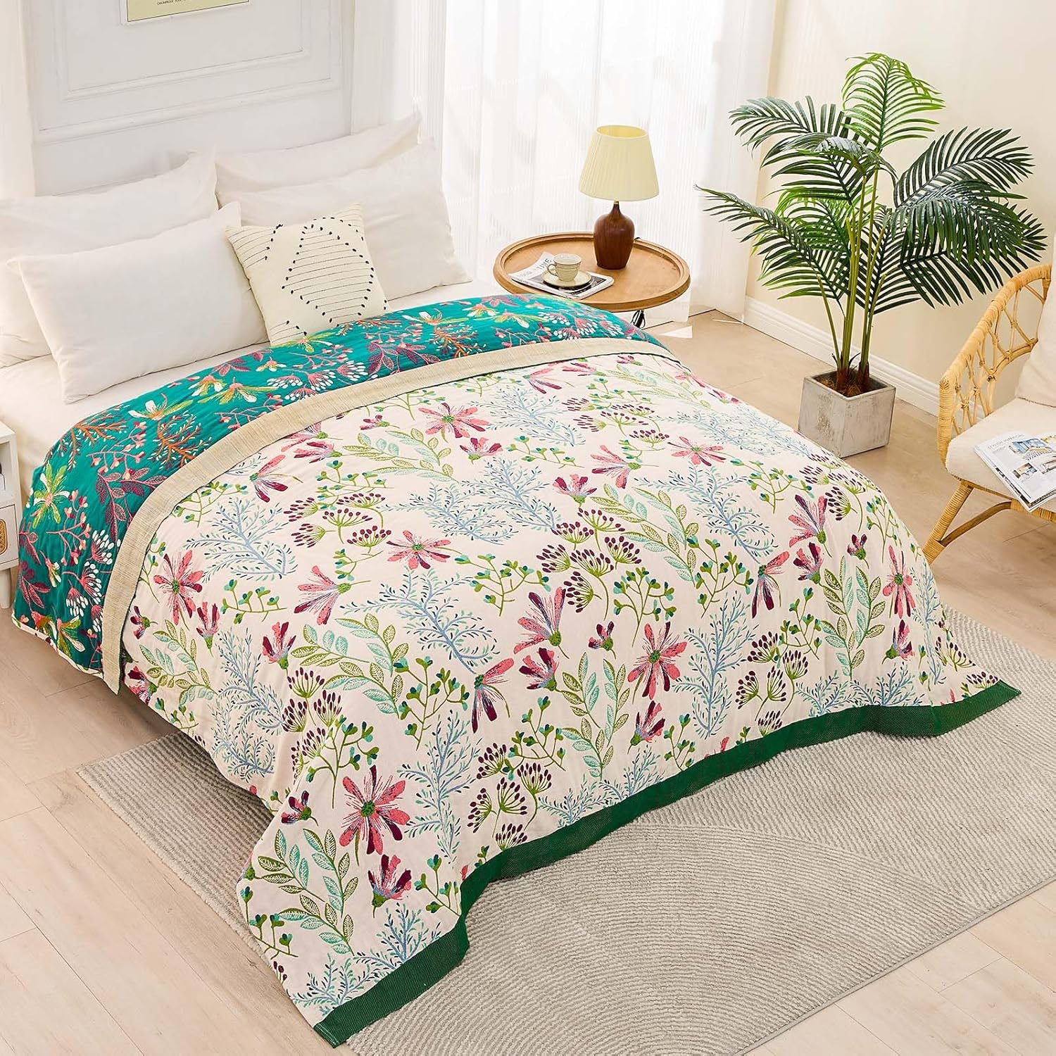 Boho Throw Blanket for Bed, 100% Cotton Soft Rustic Quilt Fall Blanket, 60"x80" Floral Printed
