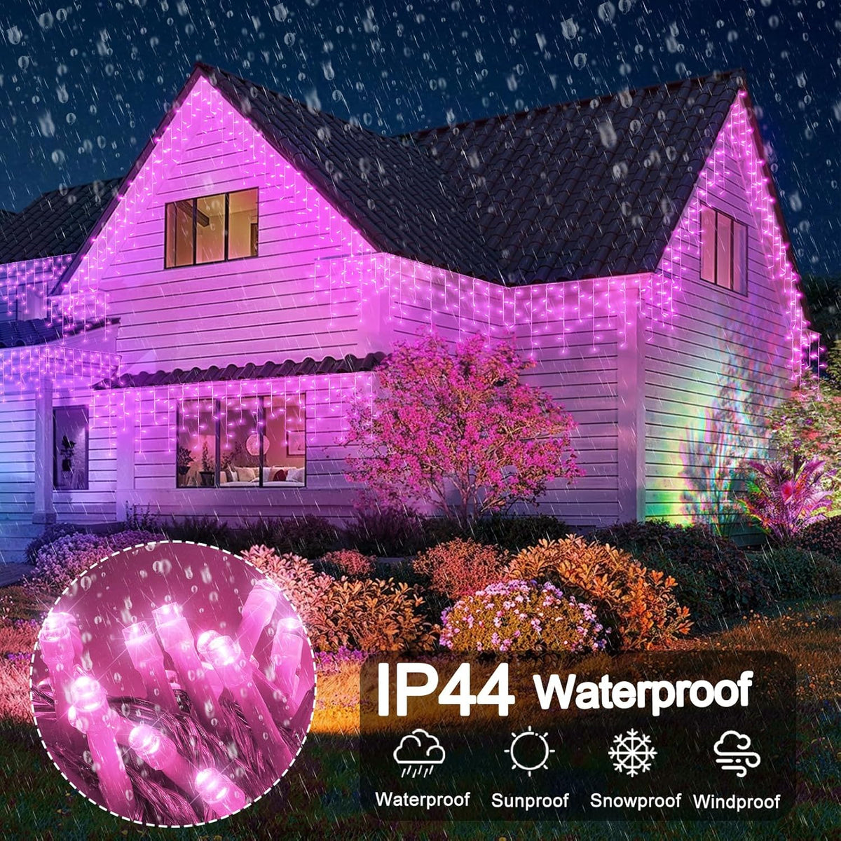 Pink Christmas Lights Outdoor, 33ft 400 LED Icicle Lights for Outside Clear Wire Connectable