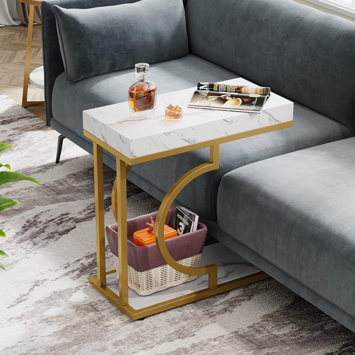Tribesigns Narrow Side Table White Gold C Shaped End Table Modern Bedside Tables Small Chairside