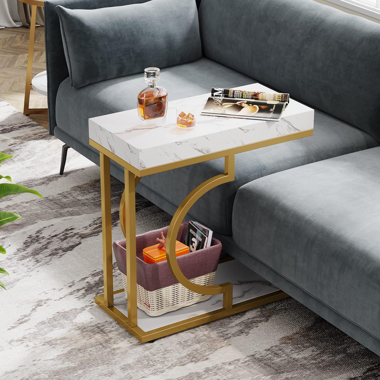 Tribesigns Narrow Side Table White Gold C Shaped End Table Modern Bedside Tables Small Chairside