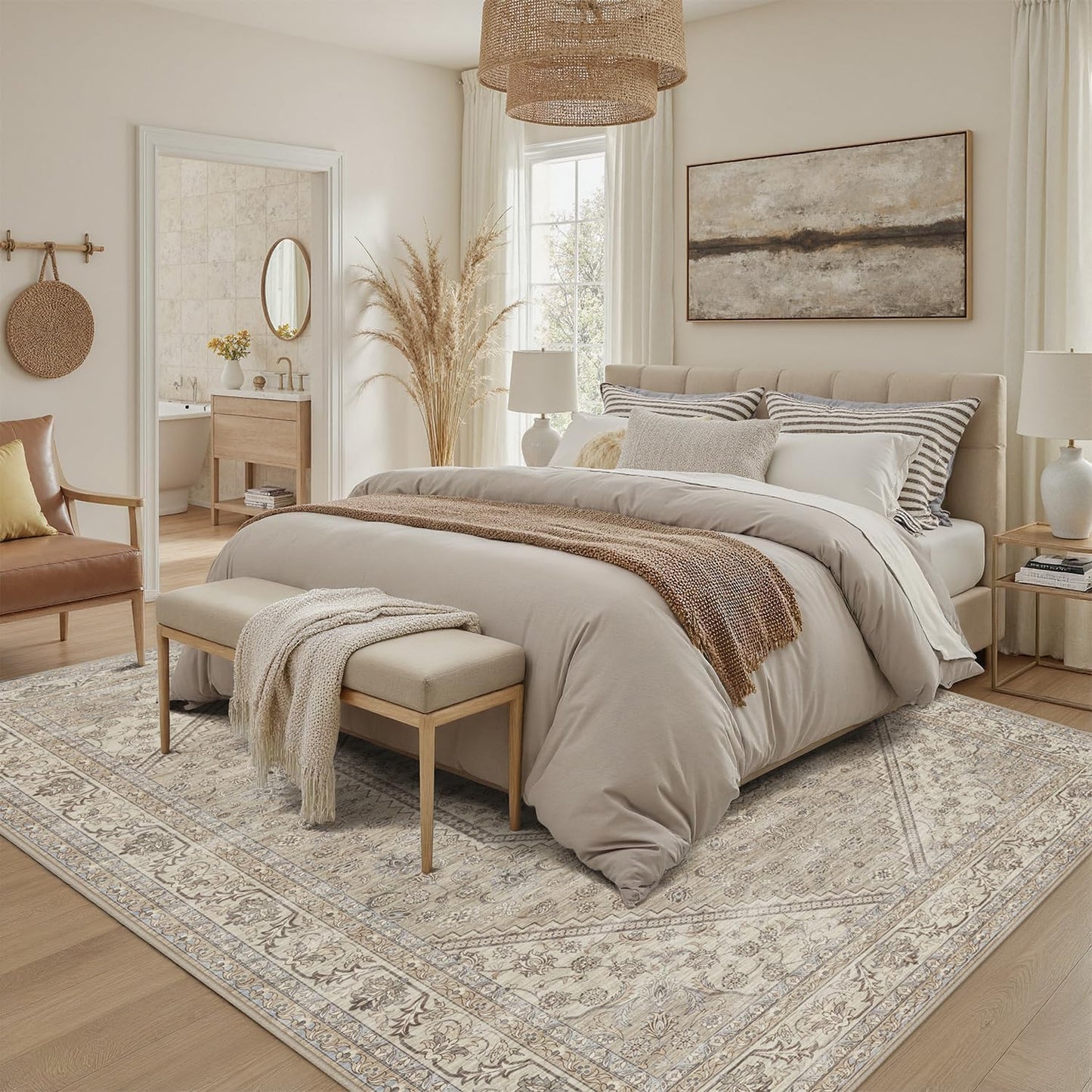 DCX Machine Washable Brown and Beige Area Rug 8x10, Non Slip Stain Resistant Vintage Floral Rug for