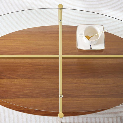 Oval Glass Coffee Table, Mid-Century Modern Design, L43 x W22 x H17 inch, 2-Tier Structure, Olive