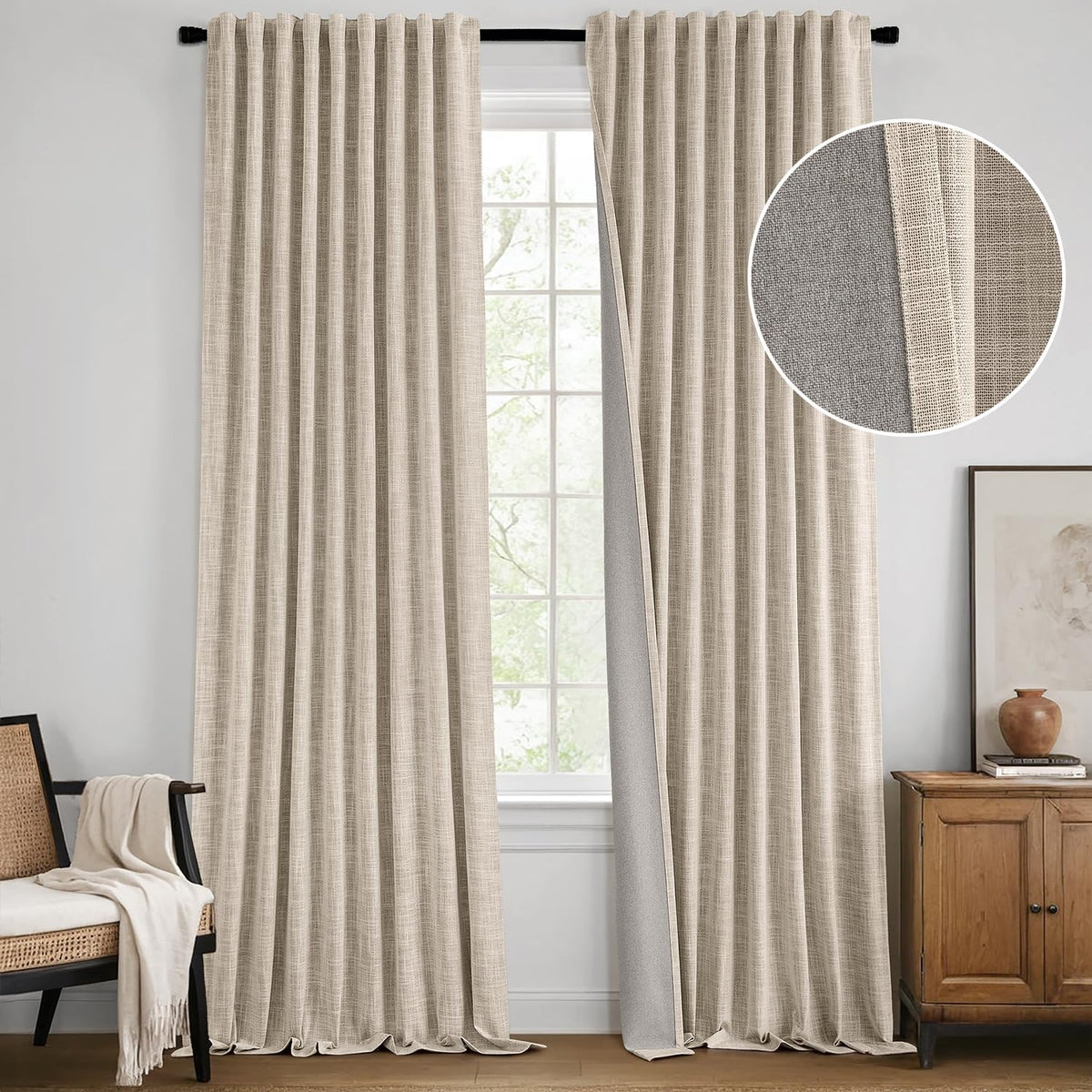 MIULEE Beige 100% Blackout Linen Curtains 100 Inch 2 Panels Set Double Sided No Coating Pleated