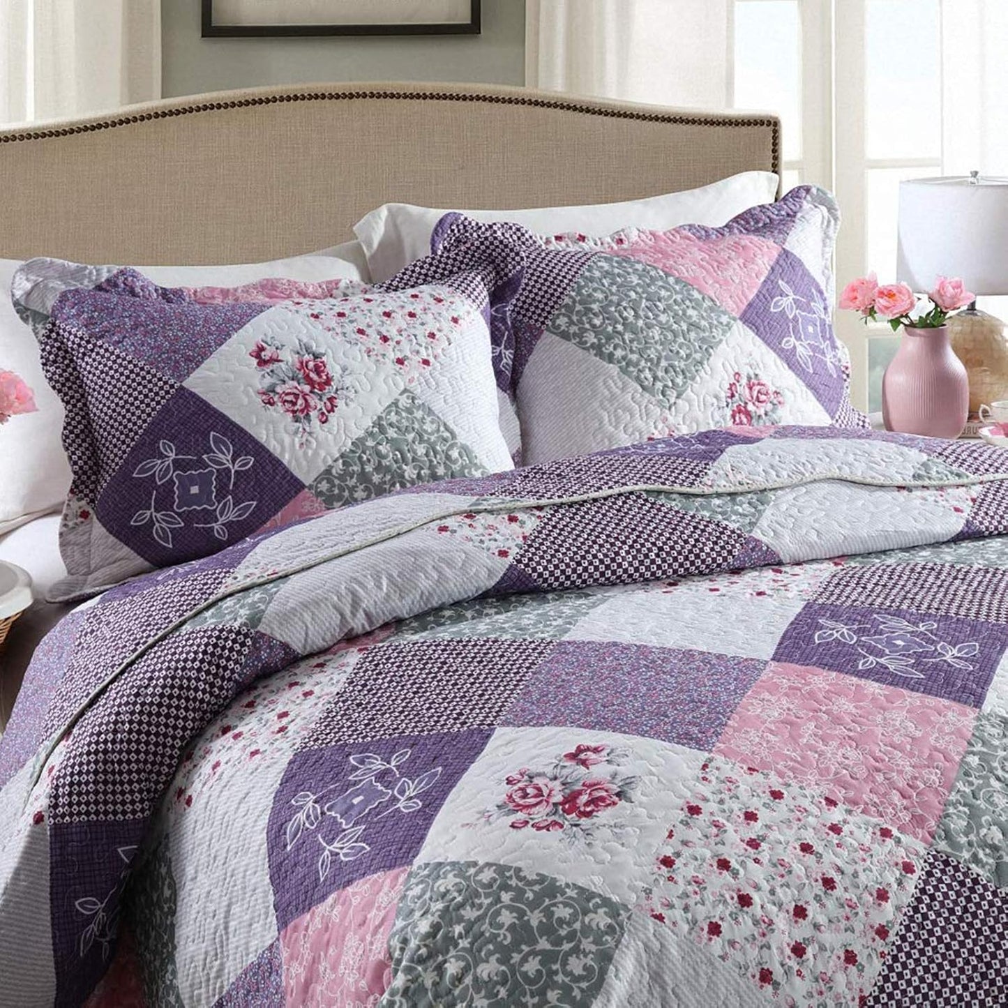 NEWLAKE Quilt Bedspread Sets-Floral Checkered Pattern Reversible Coverlet Set,King Size
