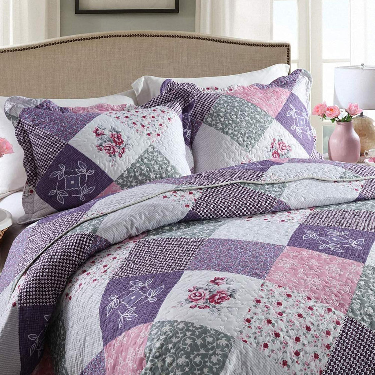 NEWLAKE Quilt Bedspread Sets-Floral Checkered Pattern Reversible Coverlet Set,King Size