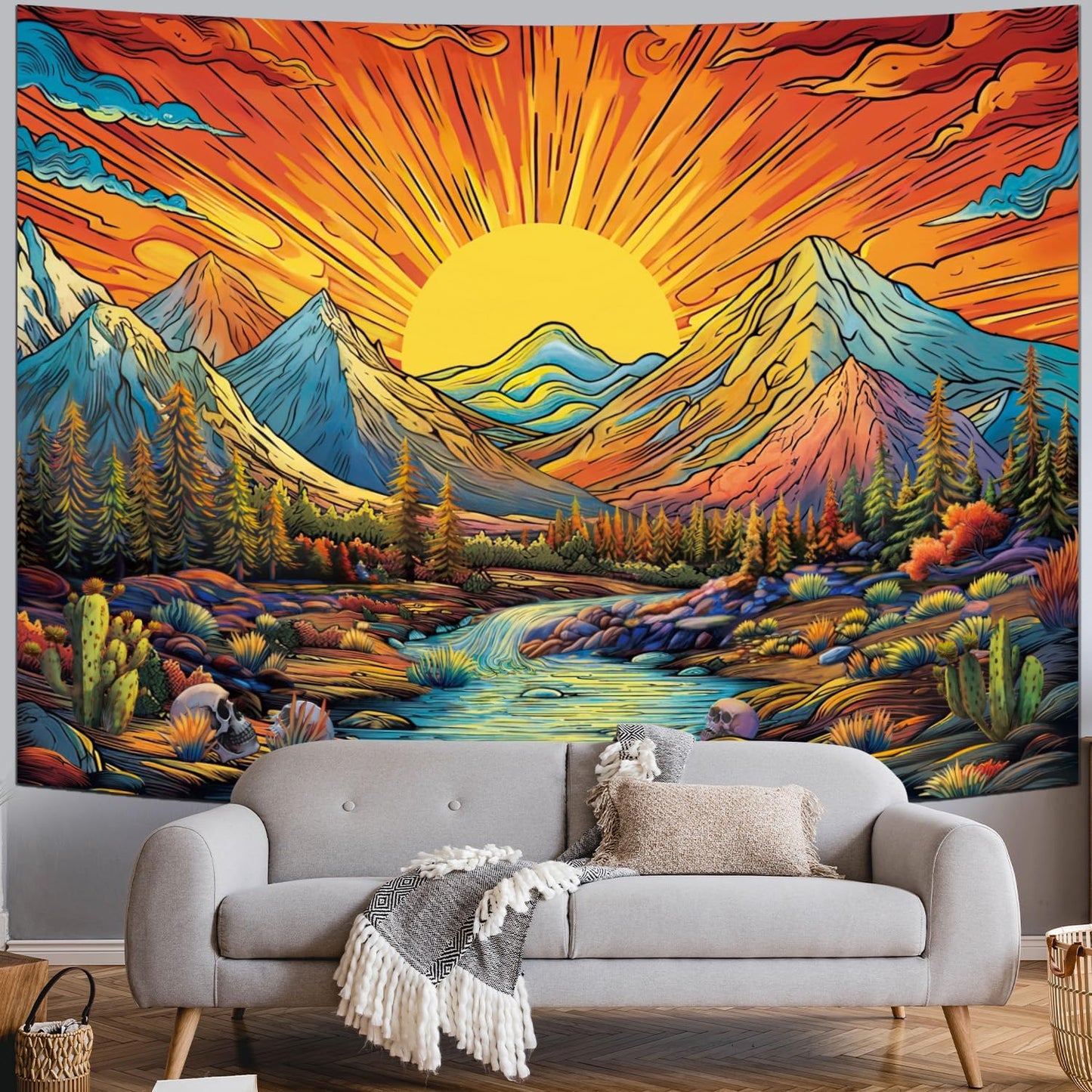 Serborlur Boho Sun Mountain Tapestry Trippy Forest Tree Tapestries Vintage Aesthetic Plant Magical