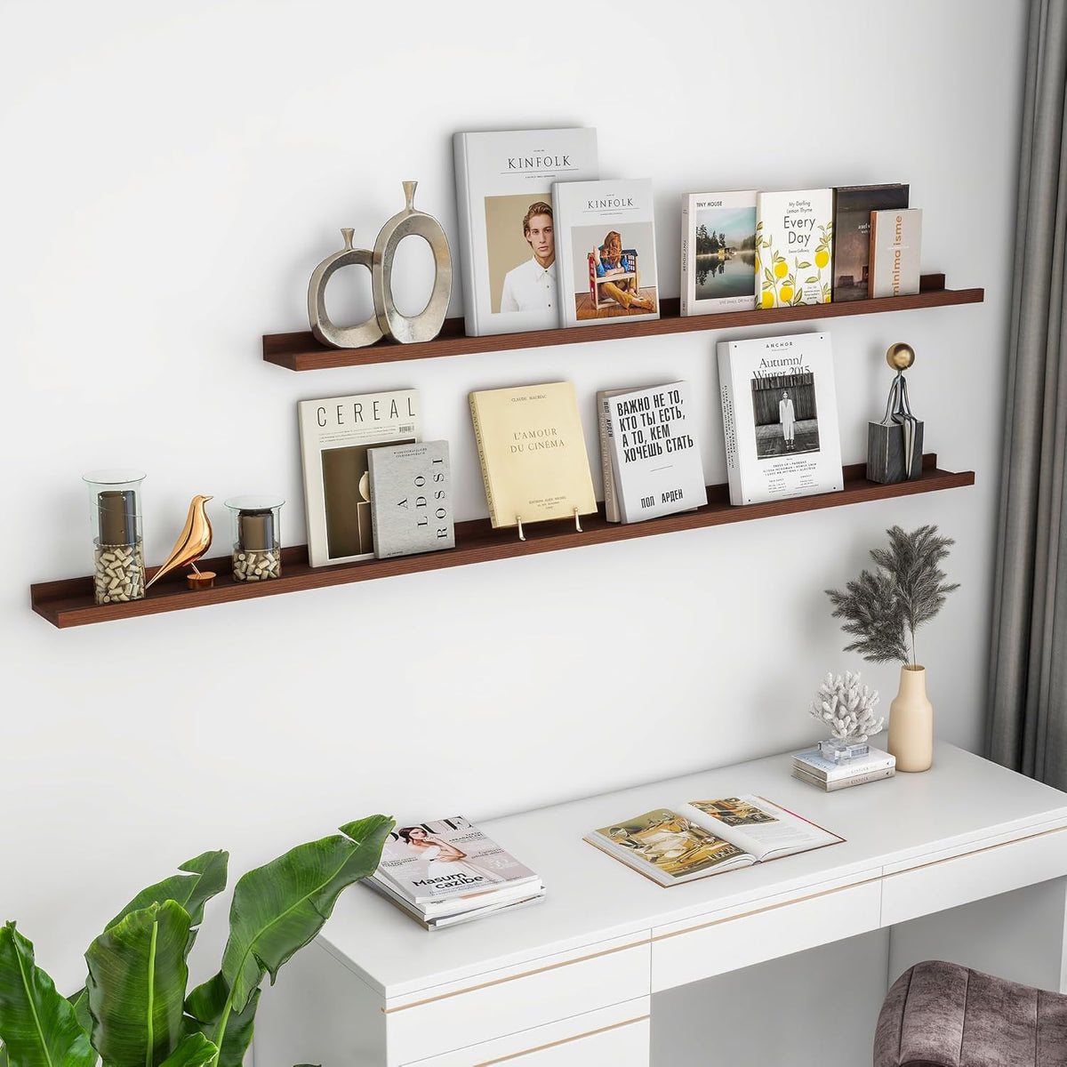 Solid Ash Wood Floating Shelves, Wood Picture Ledge Shelf Set of 2, 48 Inch Long Large Photo Ledge