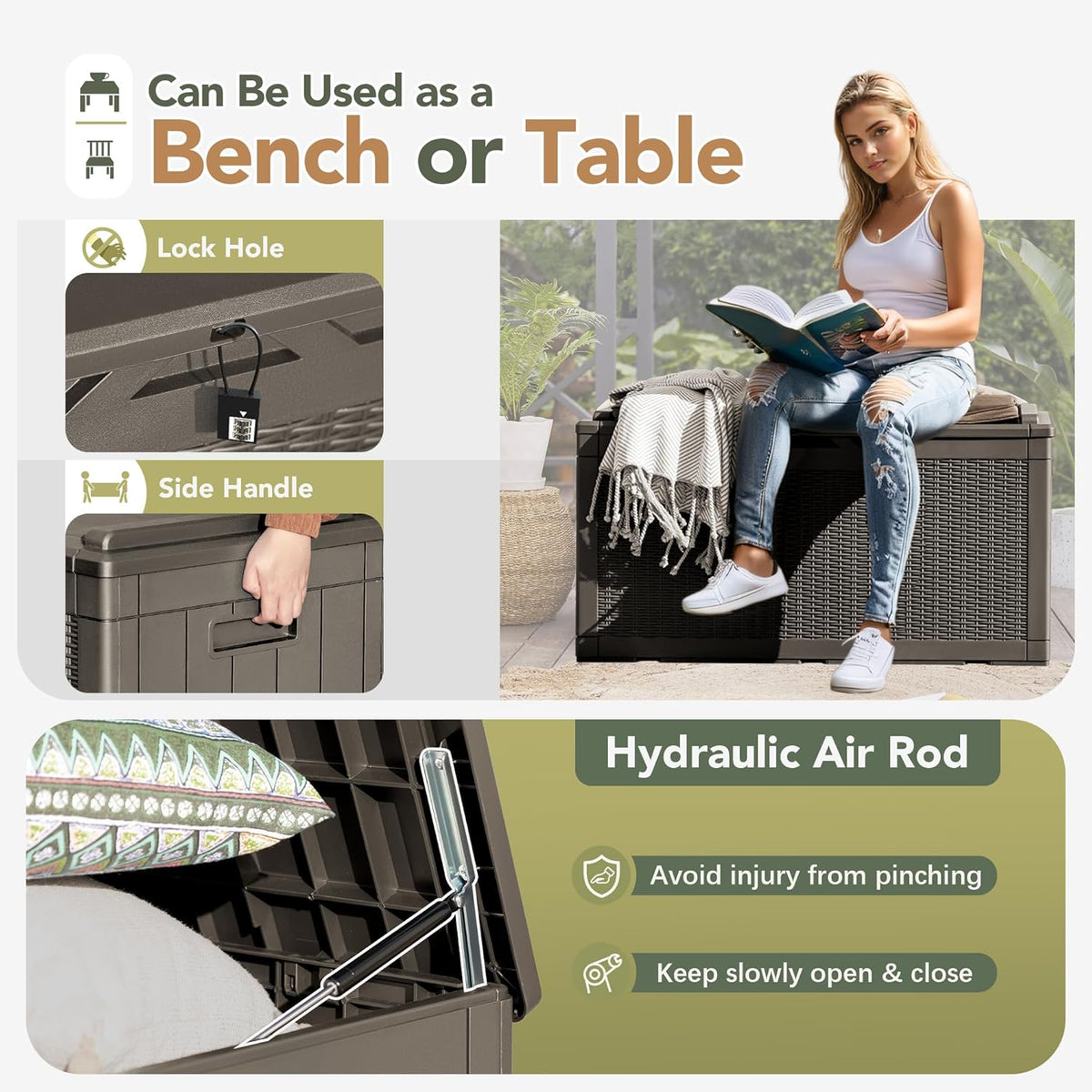 Flamaker Deck Box with Cushion 100 Gallon Waterproof Resin Storage Box with Air Rod Indoor Outdoor