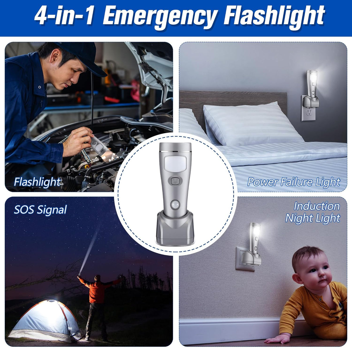 Enhon 4 Pack 4 in 1 LED Emergency Lights for Home Power Failure, Rechargeable Plug in Flashlight