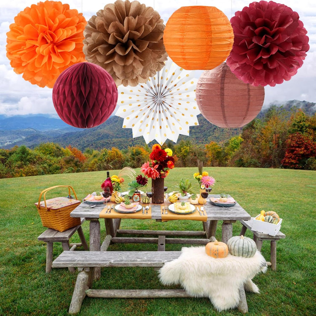 Fall Boho Baby-Shower Party-Decorations Streamers-Lanterns - 14pc Autumn Harvest Brown Orange
