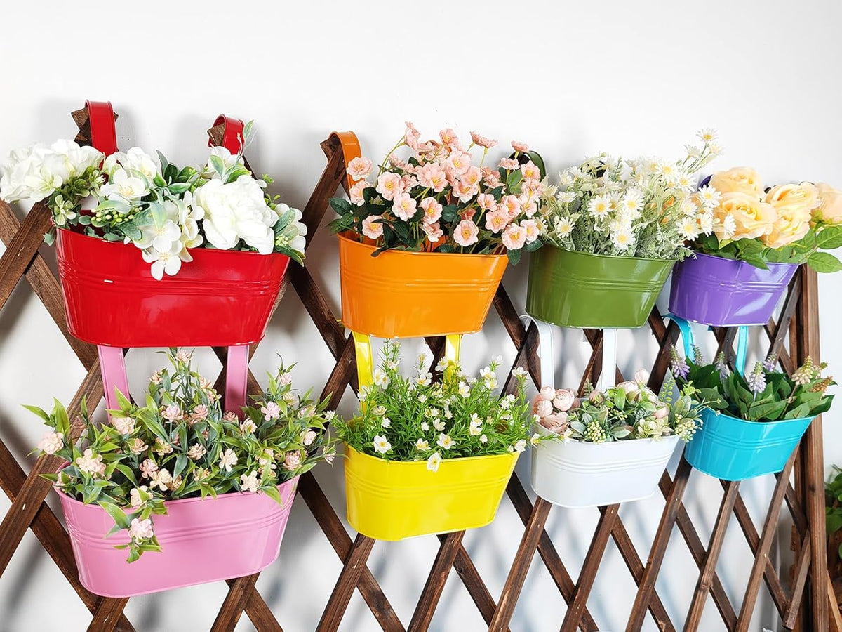 8 Pack Hanging Planters 10", Colorful Metal Bacony Railing Planter for Outdoor Decor, Countryside