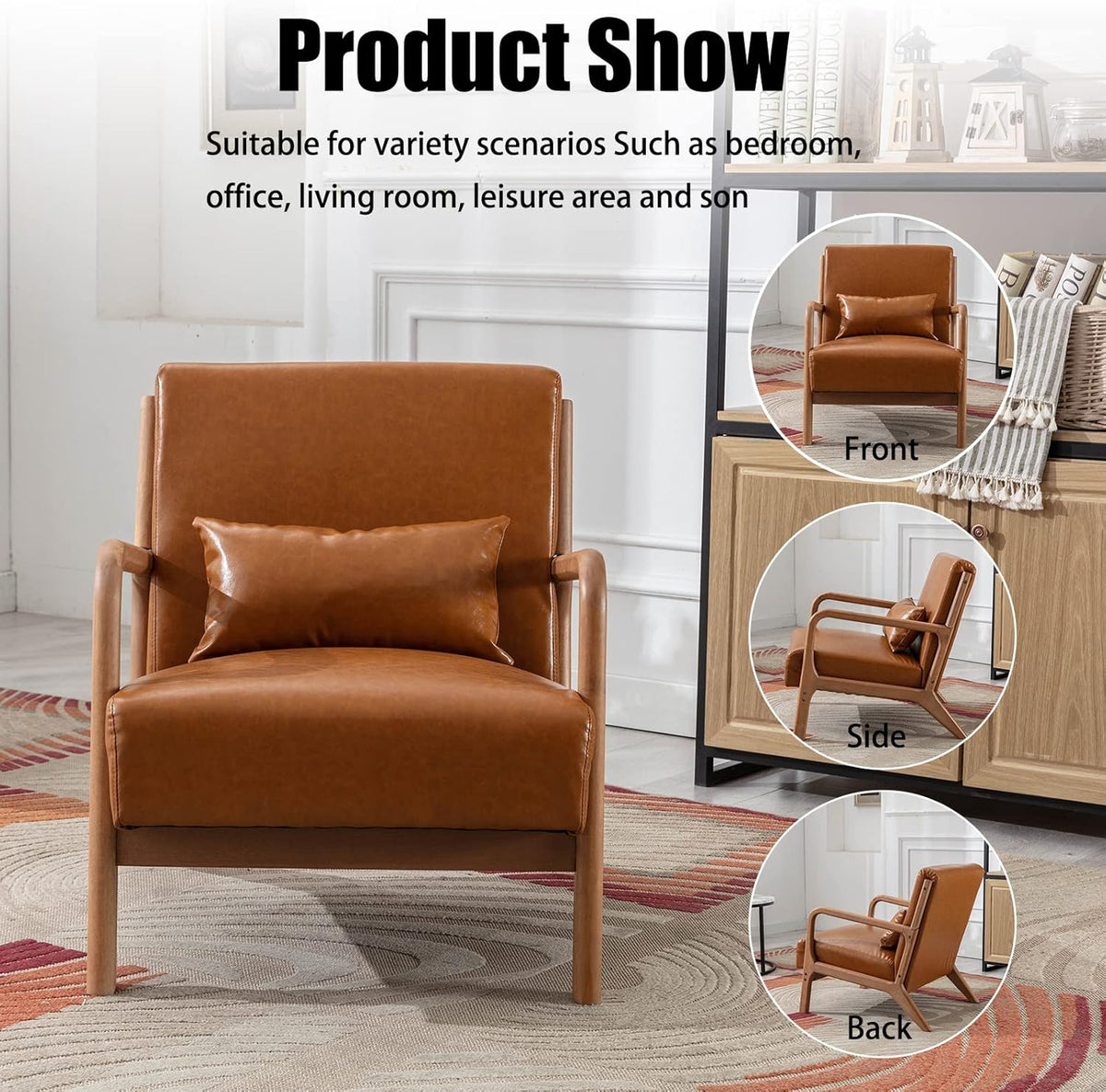 INZOY Mid-Century Modern Accent Chair Set of 2, PU Leather Reading Armchair with Waist Cushion