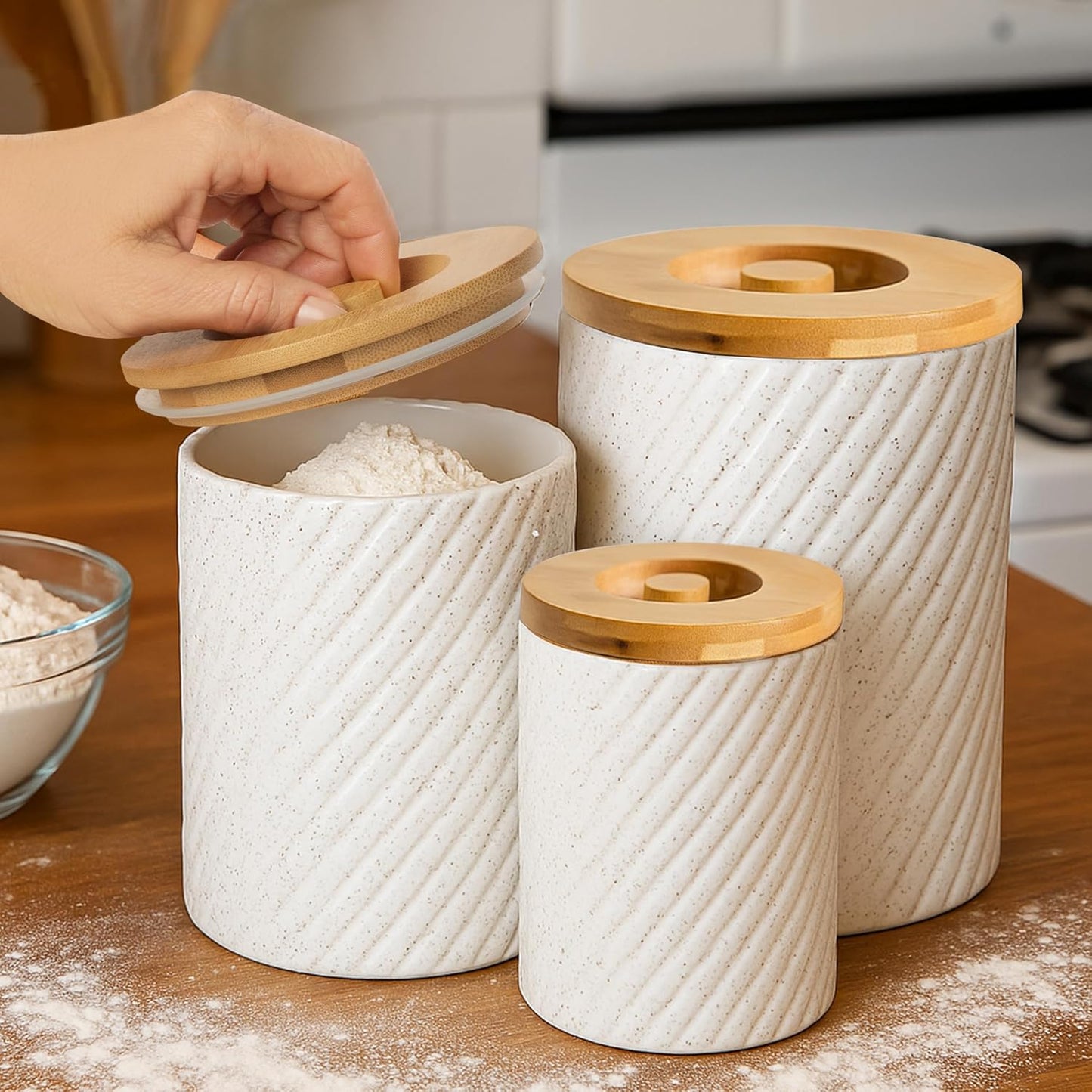 Ceramic Canister Set for Kitchen Countertop & Pantry – 3 Airtight Food Storage Containers for