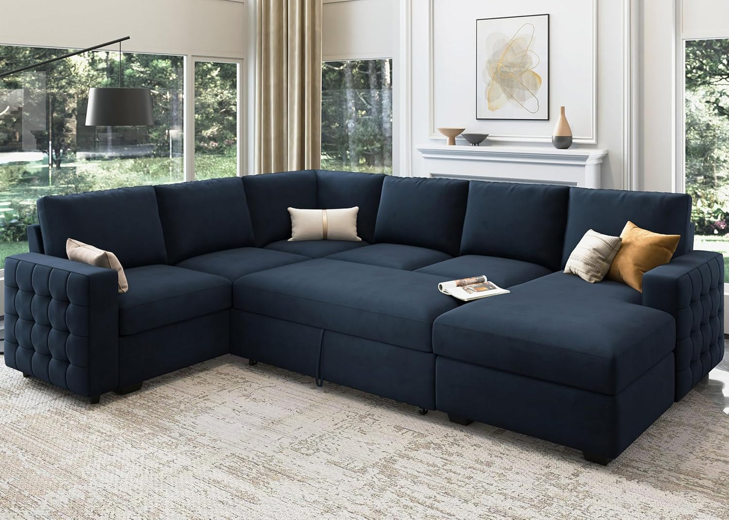 HONBAY Sectional Sleeper Sofa with Pull Out Bed U-Shape Sectional Couch Sleeper Bed with Storage