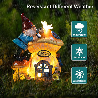 Garden Gnome Statues Figurine Lights - Solar Powered Lighting Outdoor Decorations, Gnome Build