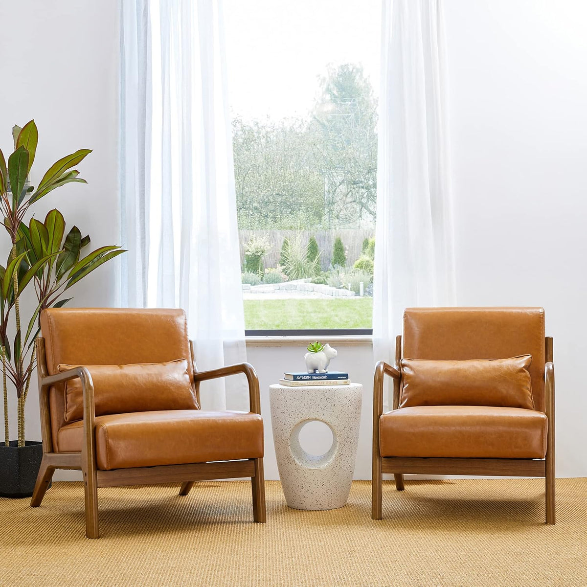 Glitzhome 30" H Mid Century Yellowish Brown Accent Armchair, Single Reading Sofa, PU Leather Lounge